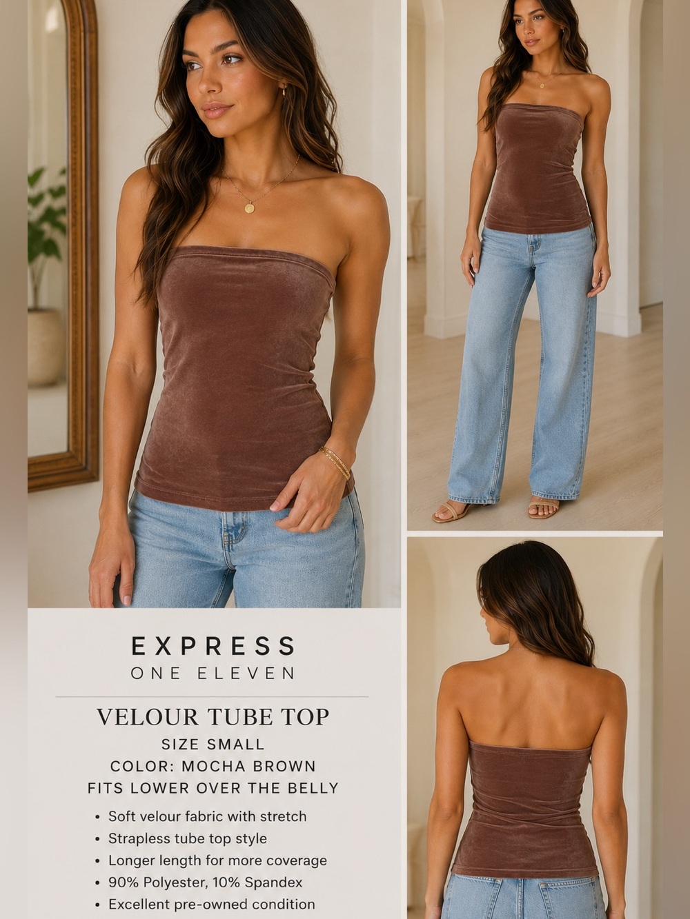 Express One Eleven Mocha Brown Velour Tube Top – Size Small - Picture 2 of 6